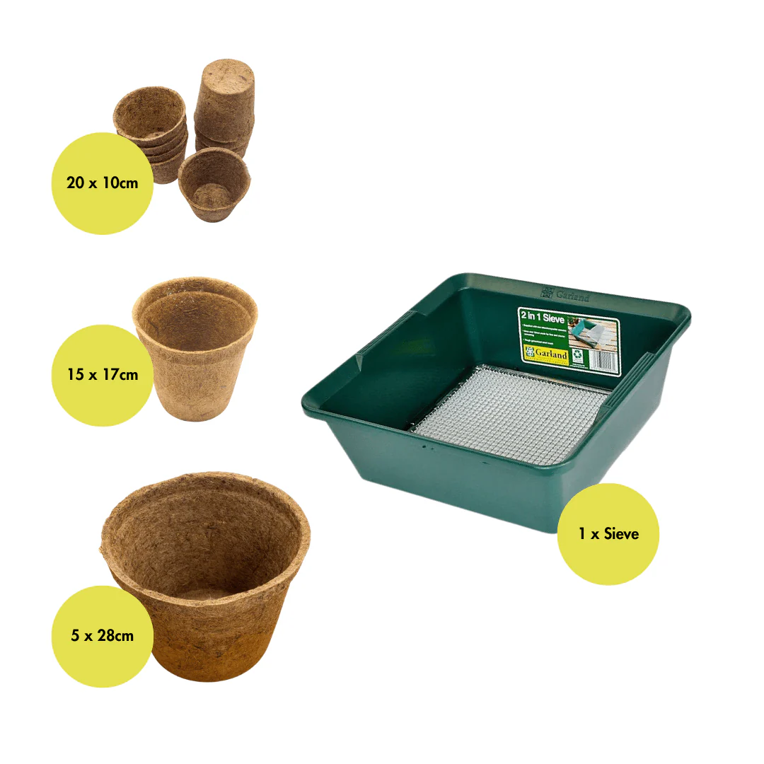 Beginner Grow Kit Bundle, Coir Pots and Soil Sieve Set, Seed to Pot On Growing Kit