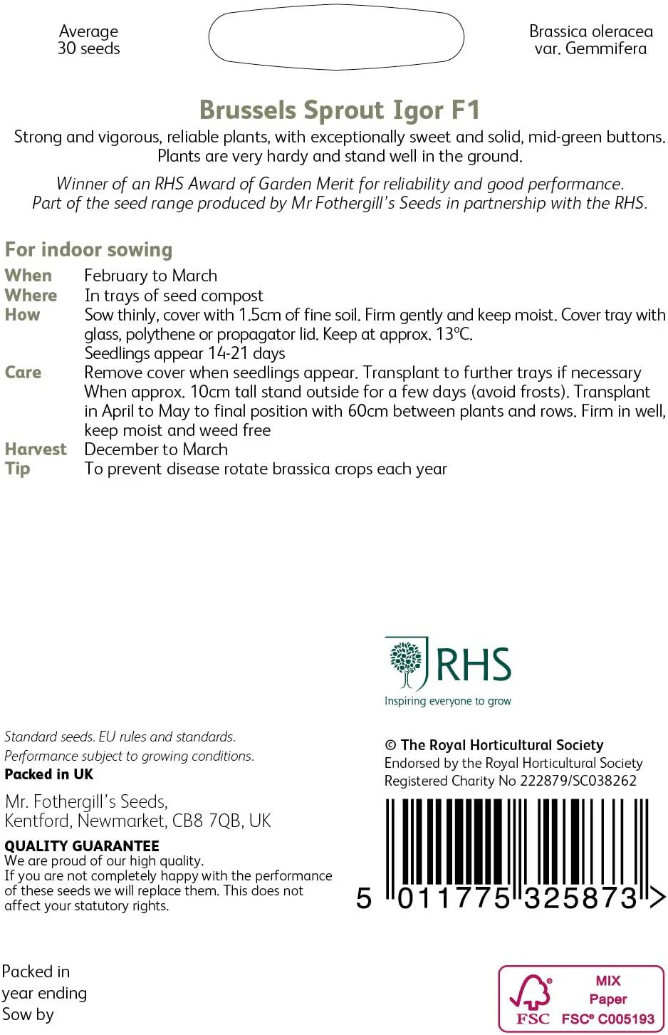 Mr Fothergills RHS Brussels Sprout Igor F1 Seeds AGM Sweet Winter Crop - Image 2