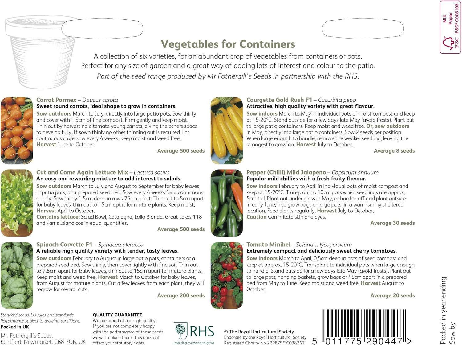 RHS Vegetables for Containers Collection 6 Varieties, Curated Vegetable Seed Collection for Pots and Patios - Image 3